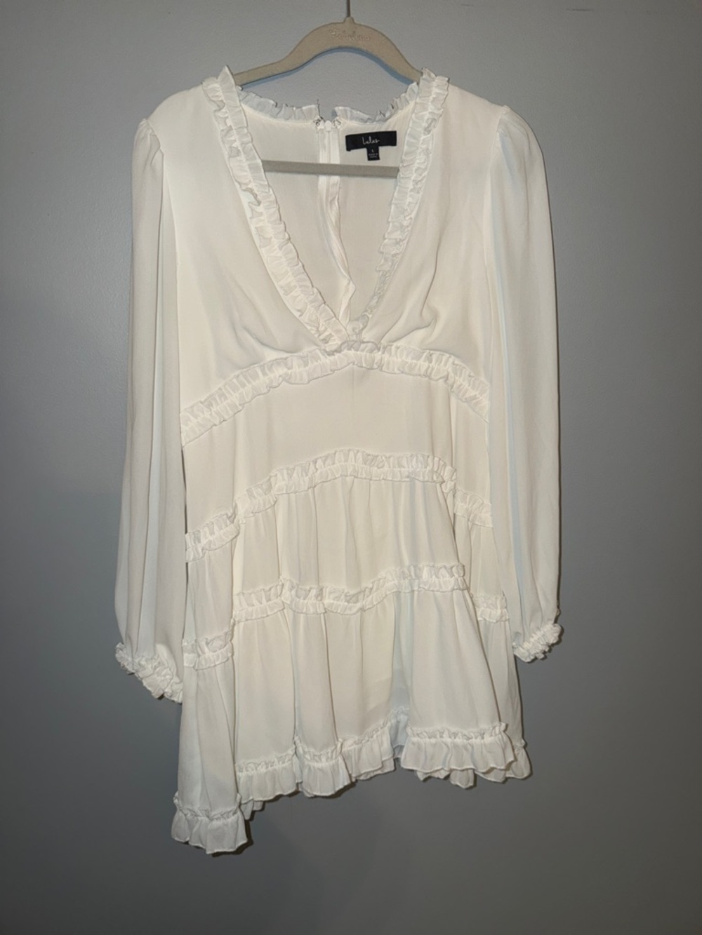 Lulu's White Ruffled V-Neck Long Sleeve Dress